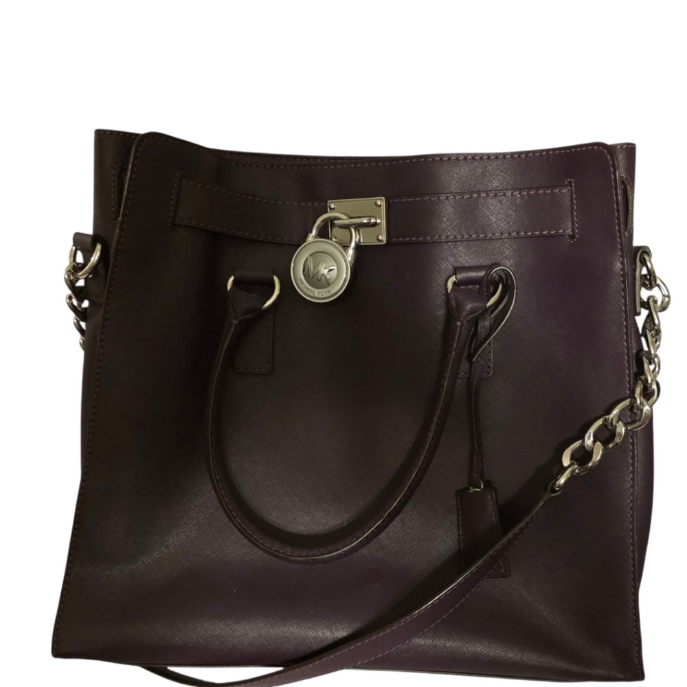 Michael Kors Hamilton 💟 Large Deep Purple Merlot SAFFIANO Leather Tote Lock